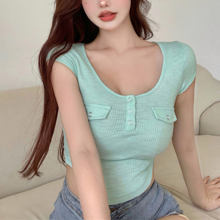 Women%20Summer%20T-Shirt,%20Solid%20Color%20Buttons%20Round-Neck%20Short%20Sleeve%20Crop%20Tops%20for%20Girls,%20Green/White%20-%20Image%203