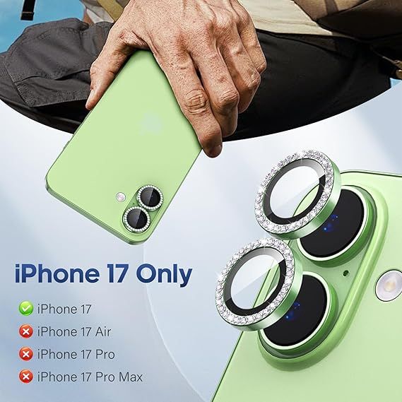for iPhone 17 White Color Camera Lens Protector Bling, Individual Diamond Metal Ring with 9H Hardness, Scratch-Proof Camera Screen Protector Case Friendly (Sage Diamond)