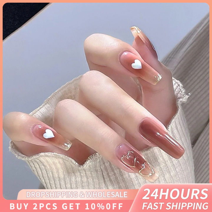 24pcs Nails Long Square Love Heart Designed Rouge Nail Art Full Cover Press On Nail Tips Women Finished Nail Extension