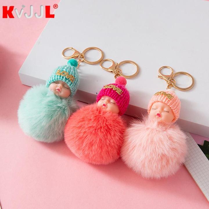 Pompom Sleeping Baby Keychain Cute Fluffy Plush Doll Keychains Women Girl Bags Keyrings Cars Key Ring Key Chain Dropshipping