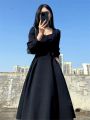 Black Maxi Dresses For Women Elegant French Square Neck Long Dress Korean Fashion Autumn 2023 Party Casual Vintage Vestidos. 