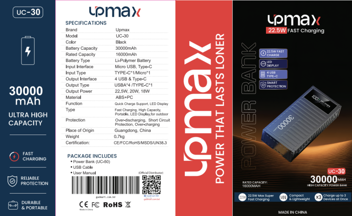 Upmax%2050000mAh%20/%2030000mAh%20Power%20Bank%20PD27W+%20QC22.5W%20High-Speed%20Charging%20with%204%20USB/Type-C%20Ports%20and%20LCD%20Display%20&%203%20Month%20Warranty%20-%20Image%207