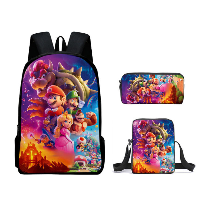 3D New Movie Super Mario Bros. School Bag, Mario Backpack, Shoulder Bag, Pencil Case, Backpack Three-Piece Set