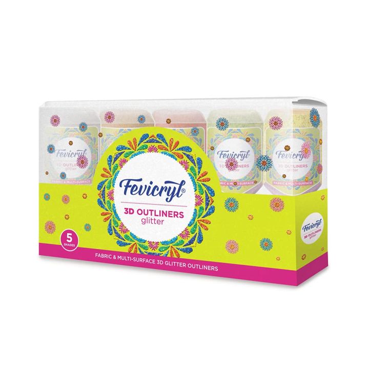 Fevicryl 3D Outliners Glitter Kit 20ml x 5 | Fabric and Multi-Surface 3D Outliners Glitter Assorted Pack, Multi Colour