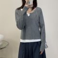 Fake Two-Piece Knitted Sweaters Sweater Women's Spring Autumn and Winter Undershirt French off-Shoulder Chic as Soft Glutinous Inner Wear Blouse. 