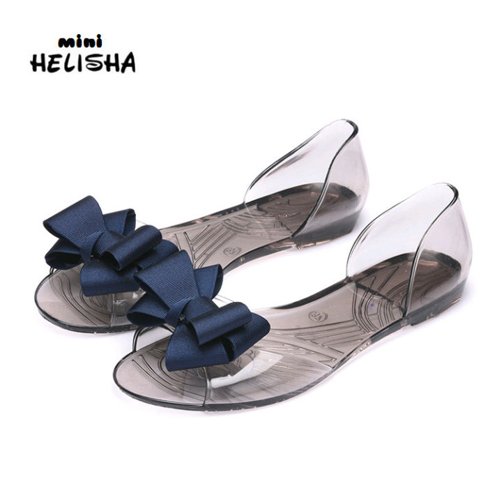 Cross-border Korean version of beach bow plastic transparent spiral fashion sandals, women's shoes, flat jelly shoes, fish toe shoes
