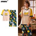 Sleepwear Cartoon Cotton Pajamas for Women Long Pants Short Sleeved Summer Spring Loungewear  Fashion Home Clothing Homewear. 