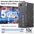 USB 3.0 KVM switch with three inputs, two outputs, and dual monitors - black.