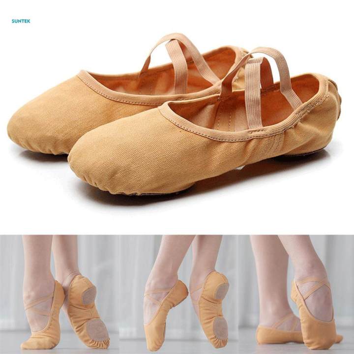 Canvas Ballet Slipper Split-Sole Shoes Fitness Gymnastics Flats Tan_34