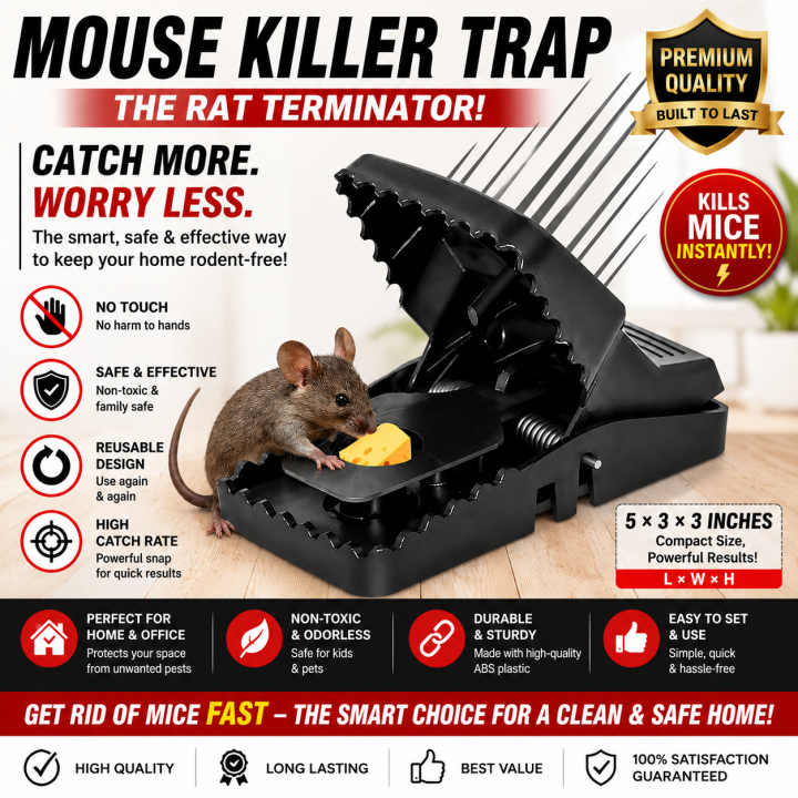 Mouse Killer Trap Heavy Duty Reusable Rat Trap | Powerful Snap Mouse Catcher | Safe No-Touch Design | Indoor & Outdoor Use (5×3×3 Inches)