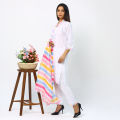 High Quality Linen Ready Made White Multi Less Three Piece For Women/Girls. 