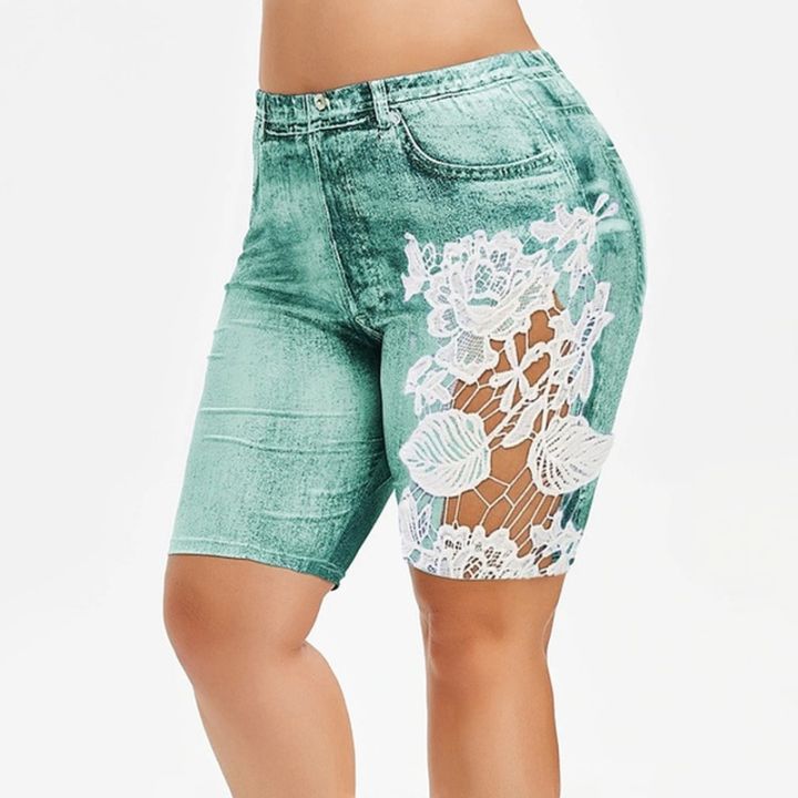 Yoga%20Shorts%20Women%20High%20Waist%20Plus%20Size%20Faux%20Denim%20Leggings%20Short%20Summer%20Lace%20Slim%20Fit%20Knee%20Length%20Workout%20Elastic%20Shorts%20-%20Image%205
