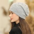 New Women Winter Hat Streetwear Rabbit Fur Blend Warm Cap Fashion Decorate Beanie Hat For Female Casual Knitted Hat. 