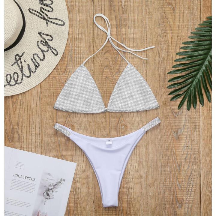 Women's Sexyy Shining Diamond Split Swimsuit Sexyy Bikini Shining Silver Solid Bra Bikinis Set Sexyy Swimwear Without Chest Pads and Underwires (S/M/L)