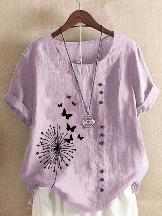 Women%20's%20Summer%20Dandelion%20Butterfly%20Printed%20Short%20Sleeve%20Round%20Neck%20T-shirt%20Ladies%20Casual%20Linen%20Shirts%20Plus%20Size%20%20Tops%20-%20Image%208