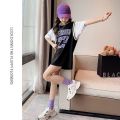 Summer Girls T T-shirt Skirt Mid-Length Korean Style False Two-Piece Basketball Wear Loose Fried Street Girls Sports Dress.