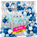 Ultimate Birthday Decor Combo - Silver Foil Curtain, Blue Paper Banner, Metallic Balloons, Confetti Delight, and Balloon Garland Arch - Full 47 Piece Party Package. 
