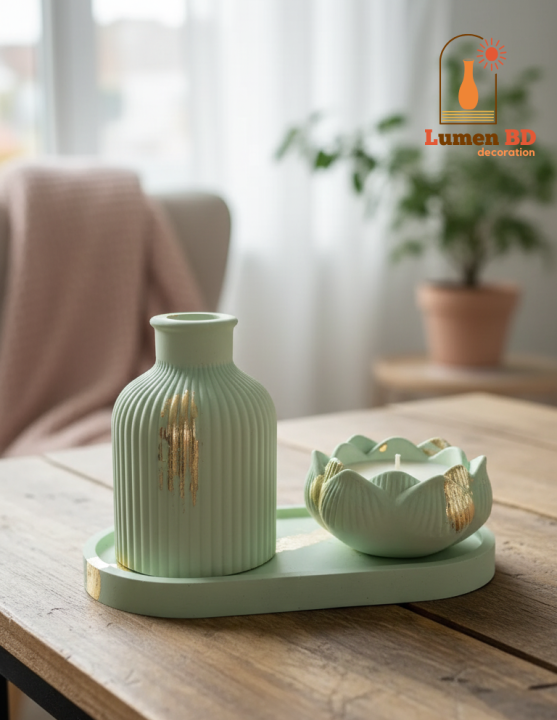 Handmade Gypsum Vase Combo Set – 3 Pcs (Oval Tray, Flower Vase & Lotus ...