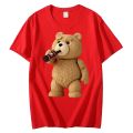 Men's Print Cute Teddy Bear Drinking Poster T-Shirt Summer Short Sleeve Top Cotton T-Shirt Cool T-Shirt Top Streetwear Loser Lione. 