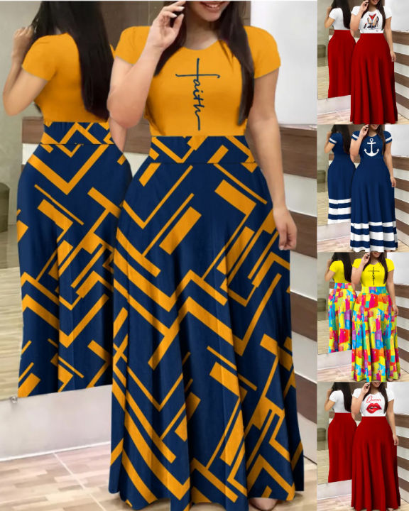 T9042 Amazon AliExpress 2023 Summer New European and American Temperament Commuter Digital Printed Long Dress