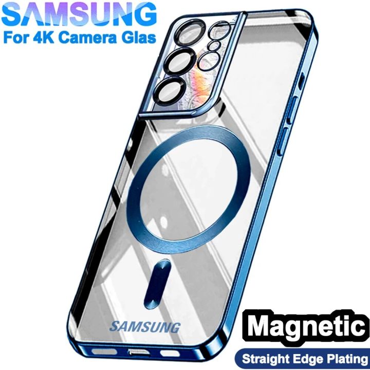Original Wireless Magnet Plating Cover For Magsafe Case Samsung Galaxy S21  Fe S22 Plus S23 Ultra 4K Glass Full Camera Protection