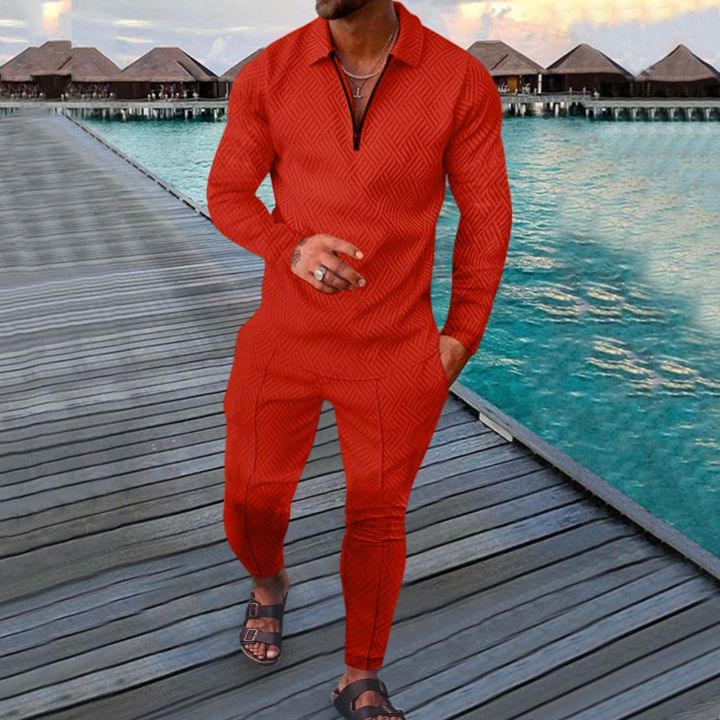 Men's Polo Suit Fashion Men Casual Set Autumn Solid Color V-neck Zipper Long Sleeve POLO Shirt+Pockets Pants Two Pieces Set Men