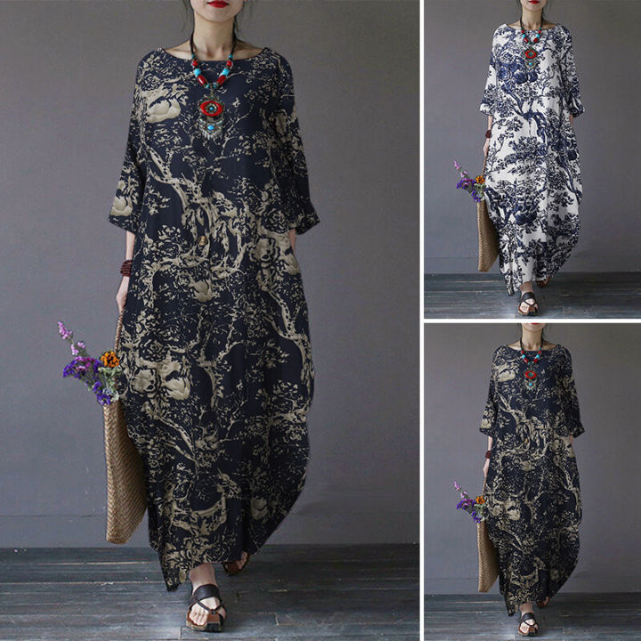 ZANZEA%20Women%20Vinatge%20Floral%20Printed%20Long%20Maxi%20Dress%20Loose%20Baggy%20Cotton%20Kaftans%20-%20Image%204