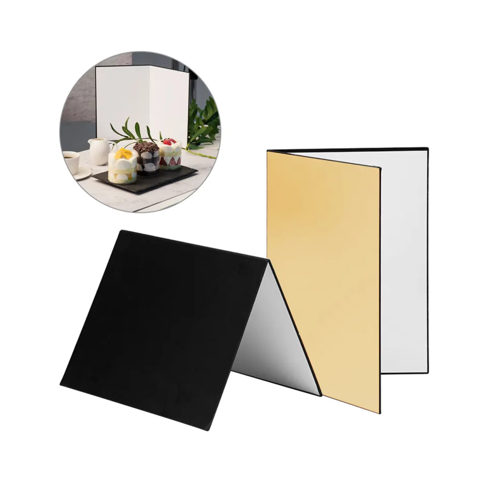 Meking 17 X 12 Inch 3 In 1 Light Reflector Photography Cardboard Studio Foldable Light Diffuser Board For Still Life Product And Food Photo Shooting Black White And Gold