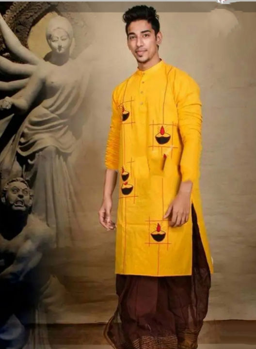 Puja%20Special%20Hand%20Print%20Yellow%20Color%20khadi%20Cotton%20Punjabi%20-%20Image%202
