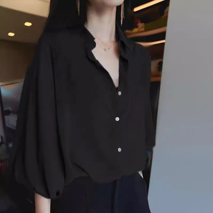 2024%20Summer%20New%20Korean%20Style%20Fifth%20Sleeve%20Shirt%20Women's%20Chiffon%20Bishop%20Sleeves%20Top%20Retro%20Loose%20Solid%20Color%20Shirt%20Fashion%20-%20Image%204