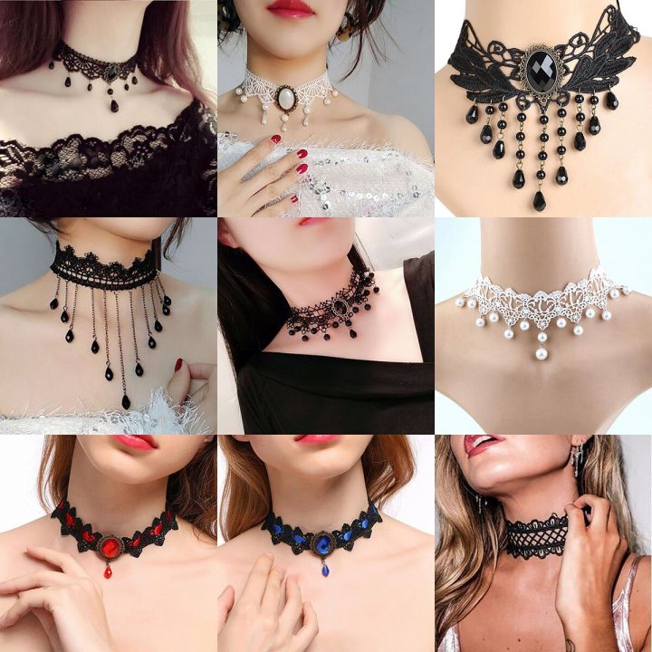 Punk Skull Necklace – Gothic Black Lace Choker With Rhinestones, 90s Layered Chain Collar For Women (Style 3) - View #3