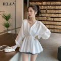 IELGY top waist shirt V-neck lantern sleeves design Korean version niche solid color casual. 