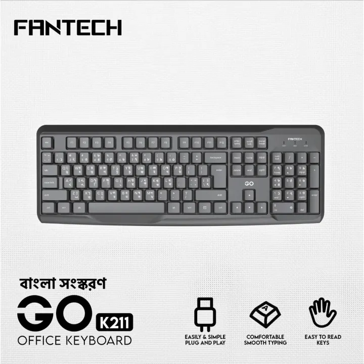 FANTECH GO K211 Smooth Typing Keyboard 104 Keys Spill Resistant Keyboard English And Bangla USB Wired Easy To Read Keys Computer Keyboard Ergonomics Keyboard For Office PC