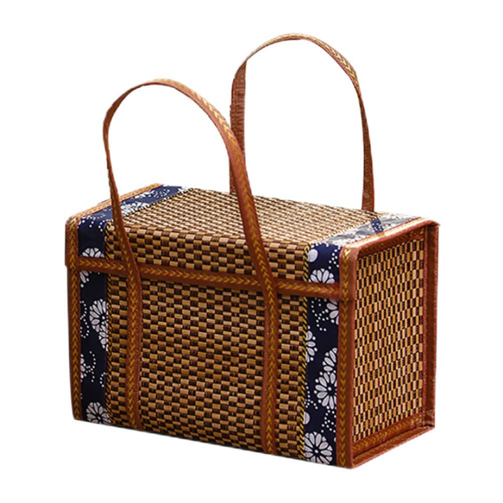 Picnic Woven Basket Wicker Storage Bag Handle Folded Fruit Shopping Food Handle Rattan Grass Foldable Bamboo Basket Easy to Use B