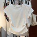 European and American Solid Color Shoulder T T-shirt Short-Sleeved Women's Summer Slim-Fit Chic Short Waist Easy Matching Waisted Gray Top.