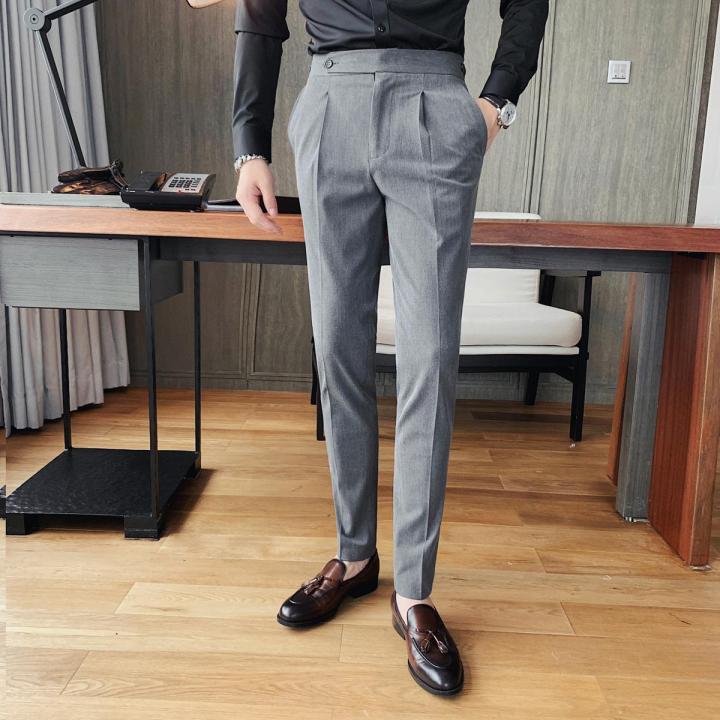 British Style Autumn New Business Mens Dress Suit Pants ple Formal Wear Slim Fit Straight Office Trousers Men Clothing 36-29