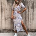 Summer  Floral Pattern Slim Dress Casual Short Sleeve High Waist Dresses Female Sexy V-Neck Outdoor Colorful Dresses. 