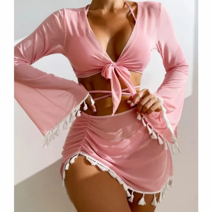 2023New%20Europe%20and%20America%20Cross%20Border%20Conservative%20Swimwear%20Women's%20Solid%20Color%20Tassel%20Mesh%20Outerwear%20Short%20Skirt%20Four-Piece%20Bikini%20-%20Image%203