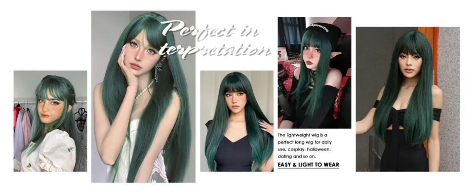HENRY MARGU Dark Green Wig with Bangs Long Straight Green Wigs for