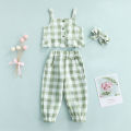 3 Pcs Infant Plaid Outfits, Girls Ruffled Boat Neck Tank Tops + Trousers with Pocket + Headband. 