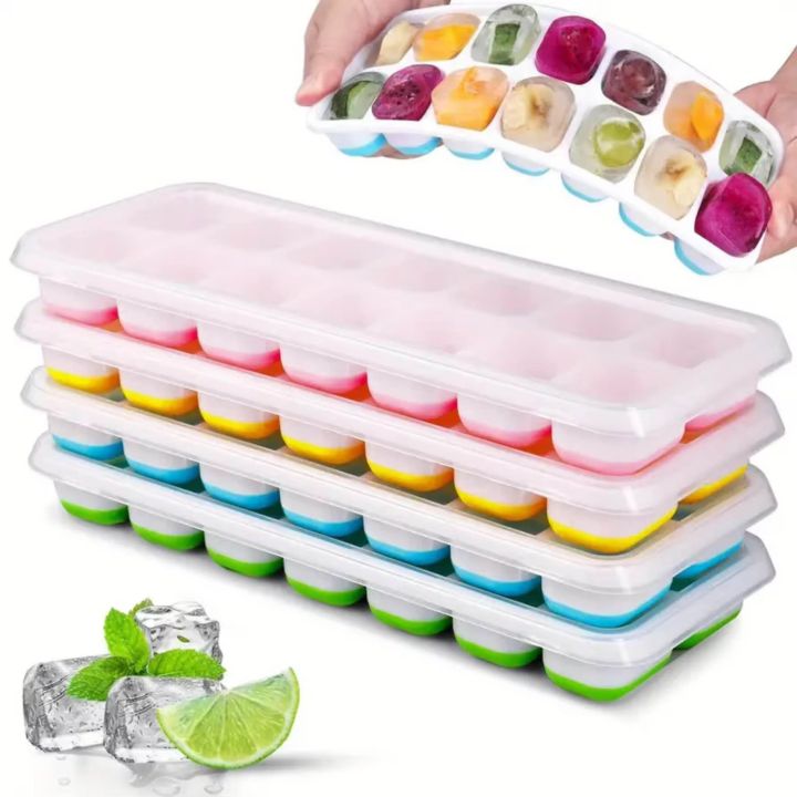 14-Grids Reusable Silicone Ice Cube Tray with Lid | Freezer Fruit Ice Maker Mold | BPA-Free Stackable Ice Tray for Kitchen & Summer Drinks (Multicolor)