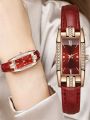 5PCS Set Fashion Women Rectangle Watches Ladies Business Green Leather Quartz Watch Womens Necklace Earrings Bracelet Wristwatch. 