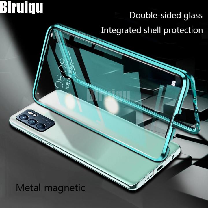 Biruiqu For OPPO Reno 6 5G India Version Magnetic Absorption Case Metal Frame Shockproof Double Sided Tempered Glass Magnetic Case Cover