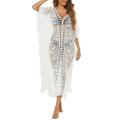 Jumperjuser-Women Summer Bikini Cover Up, Half Sleeve V-Neck Crochet Flower Hollow Sheer Slit Long Dress.