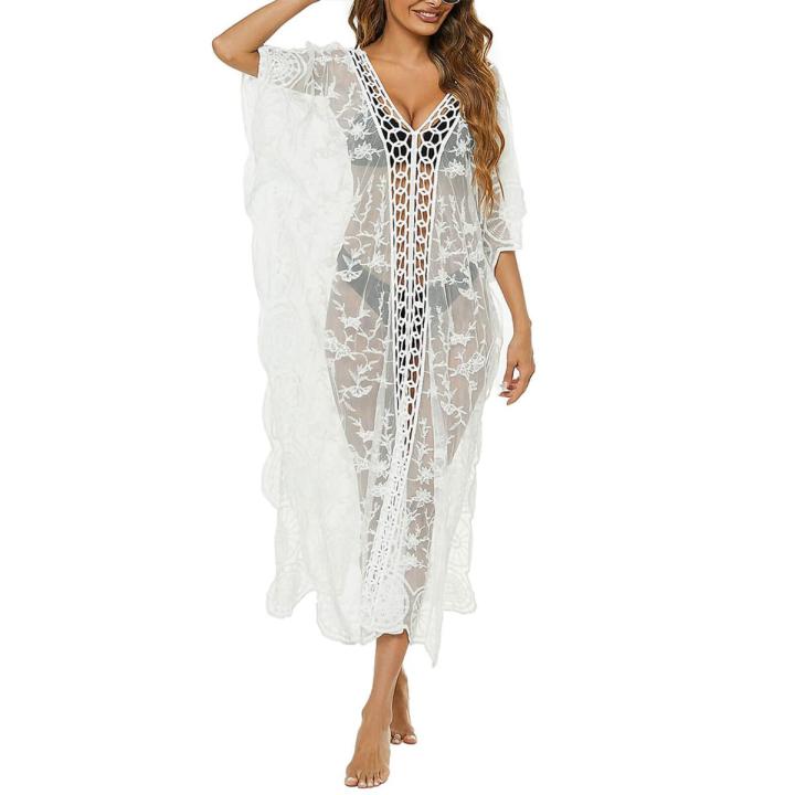 Jumperjuser-Women Summer Bikini Cover Up, Half Sleeve V-Neck Crochet Flower Hollow Sheer Slit Long Dress