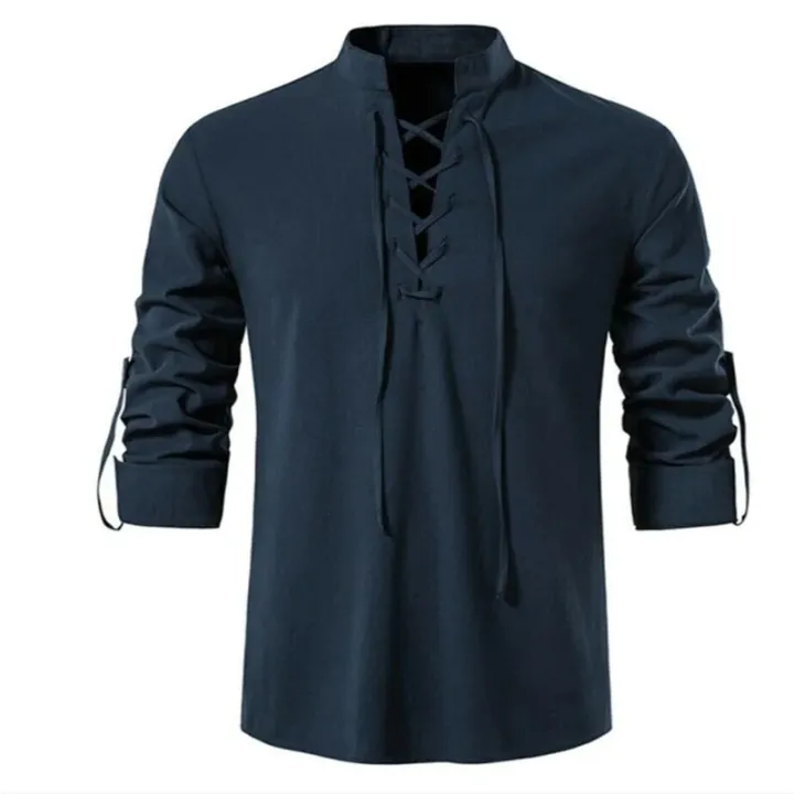 2022%20New%20Men's%20V-neck%20shirt%20T-shirt%20Fashion%20Vintage%20Thin%20Long%20Sleeve%20Top%20men%20Casual%20Breathable%20Front%20Lace%20Up%20man%20Shirts%20-%20Image%204