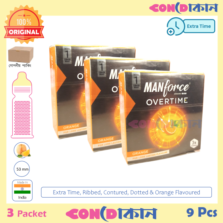 Manforce Overtime Long Lasting, Dotted, Ribbed & Contoured Orange Flavoured Condom 3 Pack (9 Pcs)