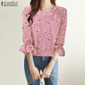 ZANZEA Korean Style Women Floral Printed Tops Ruffle 3/4 Sleeve Office Lady Shirt Blouse. 