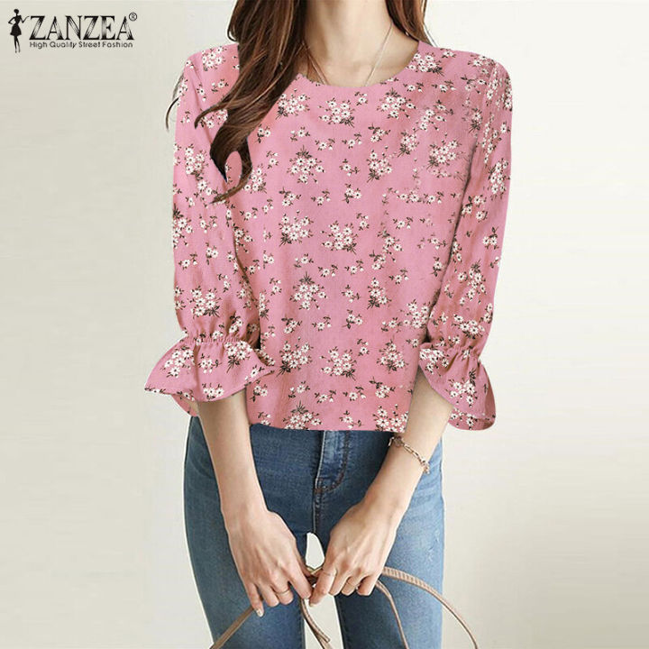 ZANZEA%20Korean%20Style%20Women%20Floral%20Printed%20Tops%20Ruffle%203/4%20Sleeve%20Office%20Lady%20Shirt%20Blouse%20-%20Image%209