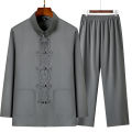 Spring and Autumn Ethnic Style Ancient Chinese Clothing Men's Tang Suit Men's Long-Sleeved Middle-Aged and Elderly Father Grandpa Cotton and Linen Suit60To70Years Old. 